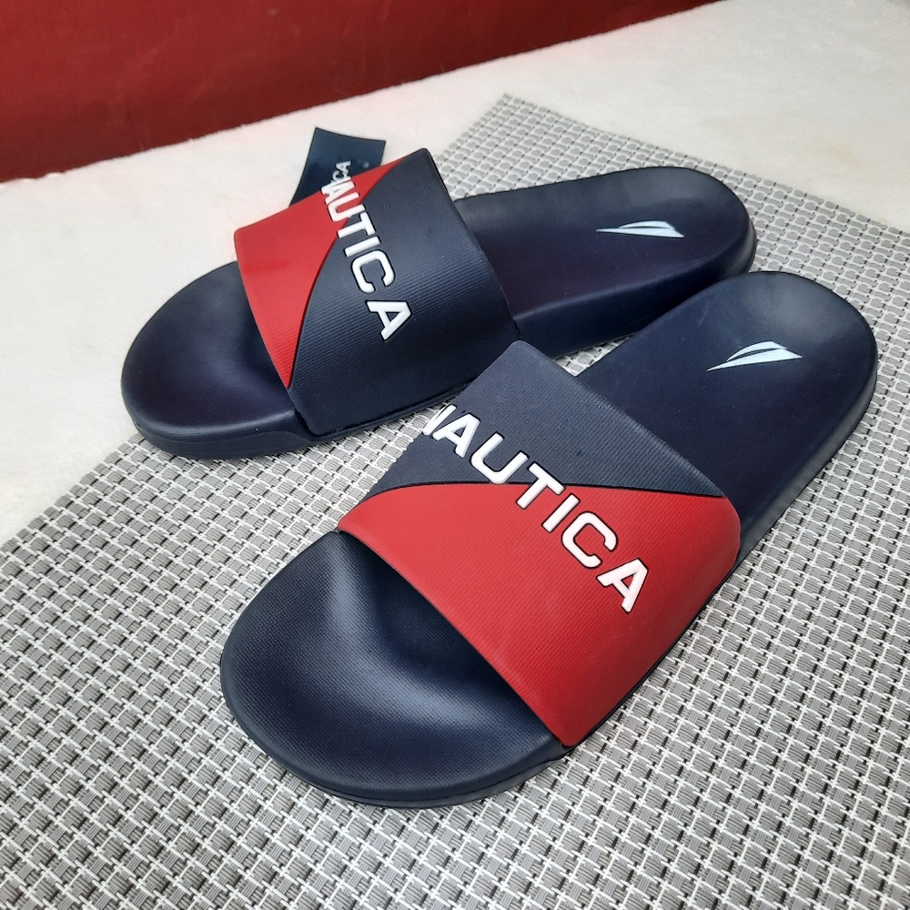 Nautica Spellout Logo Embossed Color Block Pool Slides Sandal Vacation 6 NEW